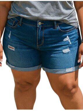 Terra Sky Size Plus Size 20W Shorts Distressed Denim Blue Mid-Rise Rolled Hem